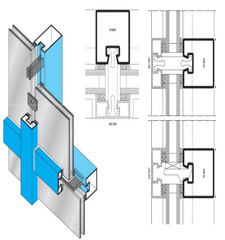ม่านหน้าต่าง Multi Curtain Wall รายละเอียดหน้าต่างอลูมิเนียมสำหรับรูปสี่เหลี่ยมผืนผ้าตกแต่ง